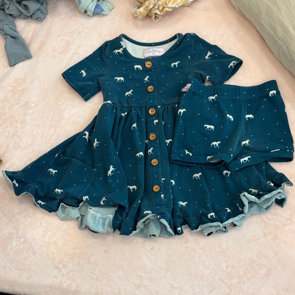 Little Bipsy Teal Dress with Horse Design